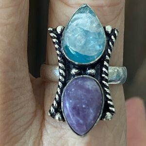 SIZE 9 Real Amethyst & Teal Moonstone 925 Sterling Silver Ring
